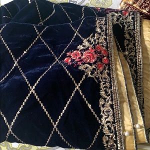Navy blue velvet shawl with pearls and embroidery